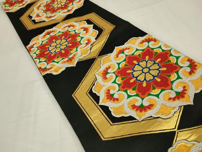 平和屋着物◎六通柄袋帯　亀甲花文　黒地　金糸　正絹　逸品　AABM3475ou