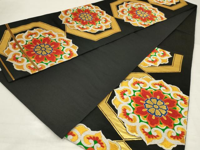 平和屋着物◎六通柄袋帯　亀甲花文　黒地　金糸　正絹　逸品　AABM3475ou