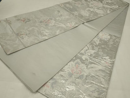 平和屋着物◎六通柄袋帯　唐織　更紗花文　銀糸　正絹　逸品　AABM3477ou