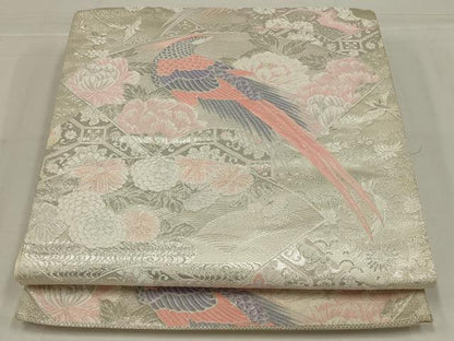 平和屋着物◎西陣　六通柄袋帯　唐織　菊江瑞鳥扇面文　銀糸　正絹　逸品　AABM3478ou