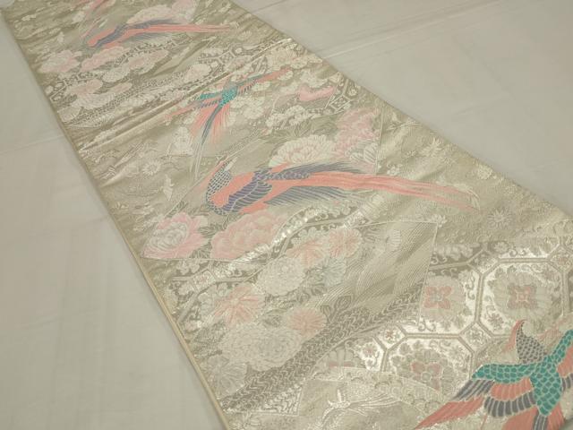 平和屋着物◎西陣　六通柄袋帯　唐織　菊江瑞鳥扇面文　銀糸　正絹　逸品　AABM3478ou