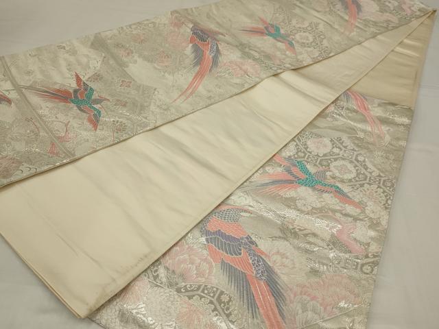 平和屋着物◎西陣　六通柄袋帯　唐織　菊江瑞鳥扇面文　銀糸　正絹　逸品　AABM3478ou