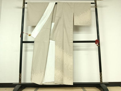 平和屋着物▽訪問着　本塩沢　単衣　草花文　正絹　逸品　AABM3588jh