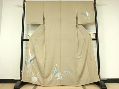 平和屋着物▽染色作家　草野一騎　訪問着　単衣　草花文　銀彩　正絹　逸品　AABM3594jh