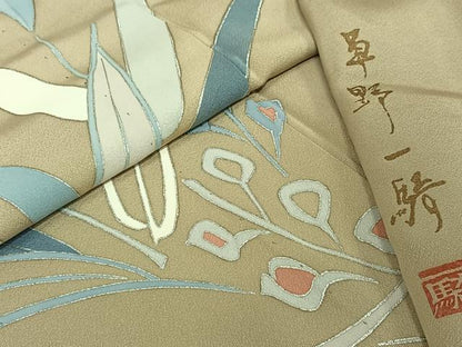 平和屋着物▽染色作家　草野一騎　訪問着　単衣　草花文　銀彩　正絹　逸品　AABM3594jh