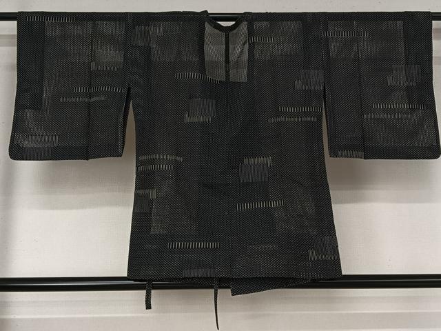 平和屋着物▽道行コート　スリーシーズン　春夏秋　塵除け　幾何学文様　黒地　正絹　逸品　AABM3596jh