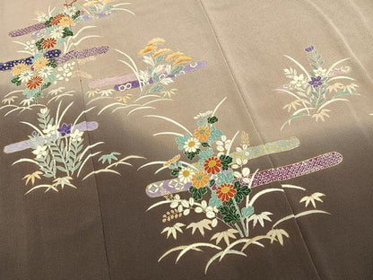 平和屋着物●訪問着　松竹　草花文　暈し染め　金彩　鬼しぼ縮緬　正絹　逸品　AABM3681fy