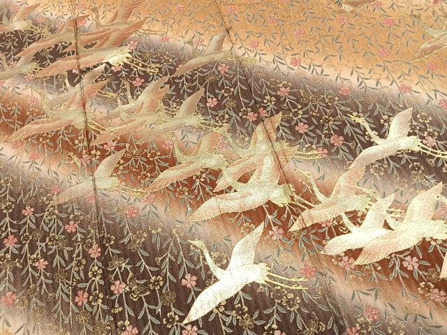 平和屋着物●豪華振袖　飛鶴花文　暈し染め　金彩　正絹　逸品　AABM3682fy