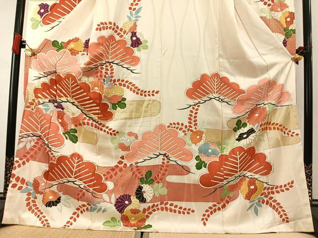 平和屋着物●豪華振袖　駒刺繍　草花松文　金銀彩　正絹　逸品　AABM3683fy