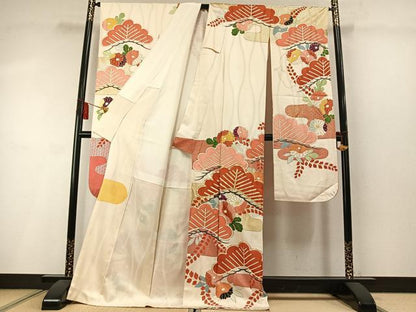 平和屋着物●豪華振袖　駒刺繍　草花松文　金銀彩　正絹　逸品　AABM3683fy