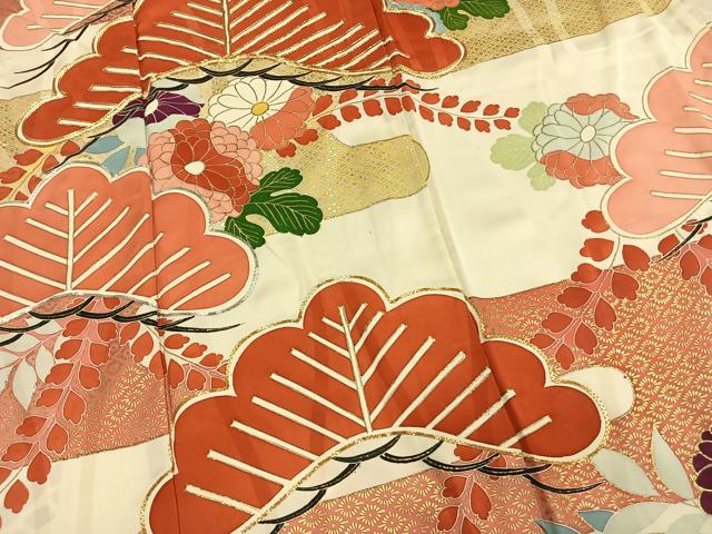 平和屋着物●豪華振袖　駒刺繍　草花松文　金銀彩　正絹　逸品　AABM3683fy