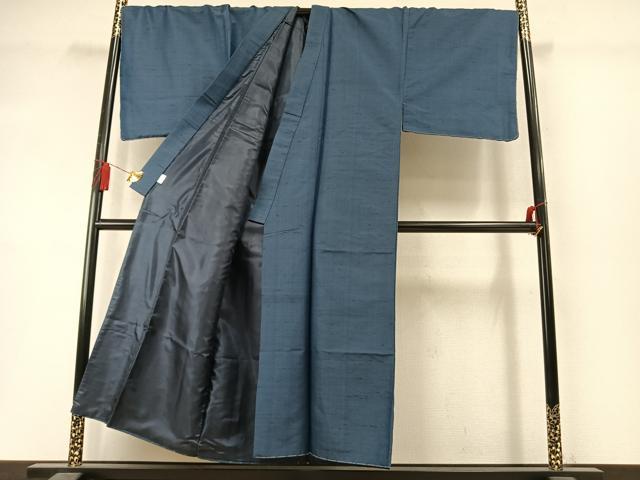 平和屋着物●男性　紬　アンサンブル　色無地　紺鼠色　キングサイズ　正絹　逸品　未使用　AABM3695fy