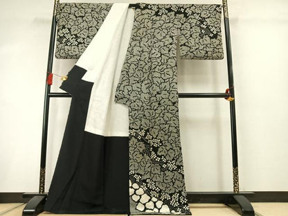 平和屋着物●訪問着　総絞り　草花文　黒地　正絹　逸品　AABM3696fy