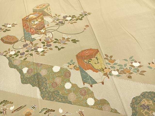 平和屋着物●豪華色留袖　駒刺繍　貝桶花文　金彩　正絹　逸品　AABM3702fy