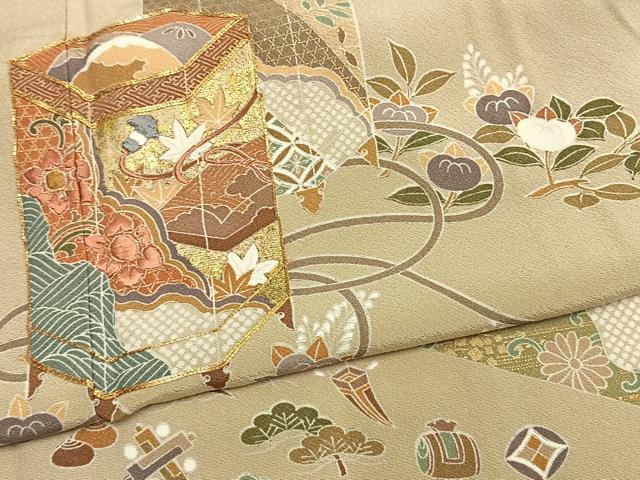 平和屋着物●豪華色留袖　駒刺繍　貝桶花文　金彩　正絹　逸品　AABM3702fy