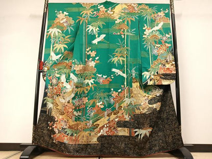 平和屋着物●豪華振袖　駒刺繍　松竹梅　飛鶴文　暈し染め　金彩　正絹　逸品　AABM3703fy