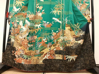 平和屋着物●豪華振袖　駒刺繍　松竹梅　飛鶴文　暈し染め　金彩　正絹　逸品　AABM3703fy