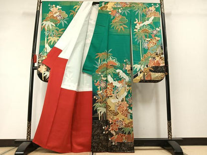 平和屋着物●豪華振袖　駒刺繍　松竹梅　飛鶴文　暈し染め　金彩　正絹　逸品　AABM3703fy
