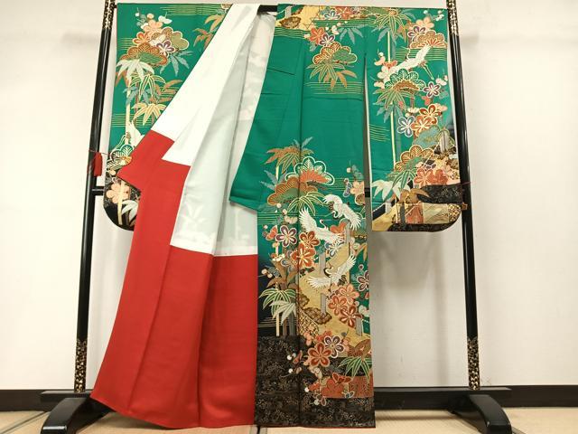 平和屋着物●豪華振袖　駒刺繍　松竹梅　飛鶴文　暈し染め　金彩　正絹　逸品　AABM3703fy