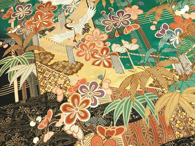 平和屋着物●豪華振袖　駒刺繍　松竹梅　飛鶴文　暈し染め　金彩　正絹　逸品　AABM3703fy