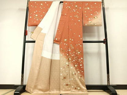 平和屋着物●訪問着　駒刺繍　花蝶文　暈し染め　金彩　正絹　逸品　未使用　AABM3714fy