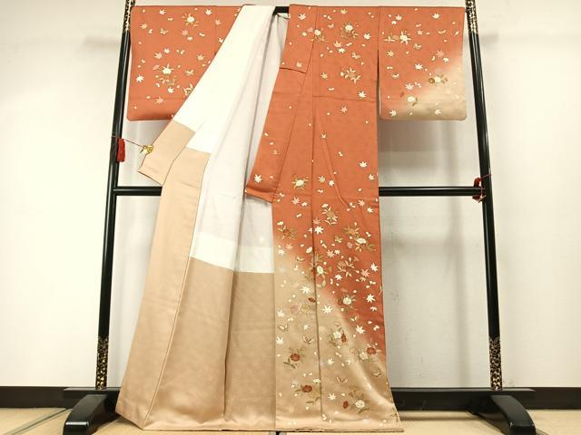 平和屋着物●訪問着　駒刺繍　花蝶文　暈し染め　金彩　正絹　逸品　未使用　AABM3714fy