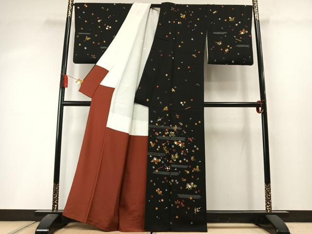 平和屋着物●訪問着　草花文　黒地　正絹　逸品　AABM3722fy