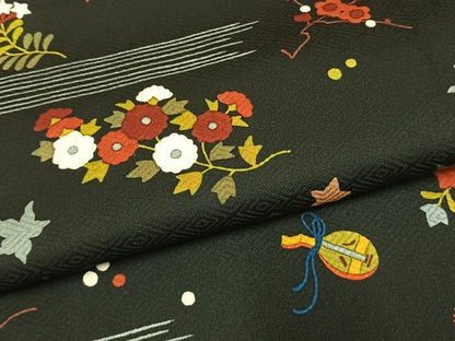 平和屋着物●訪問着　草花文　黒地　正絹　逸品　AABM3722fy