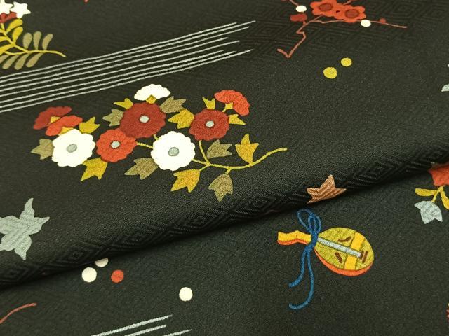 平和屋着物●訪問着　草花文　黒地　正絹　逸品　AABM3722fy