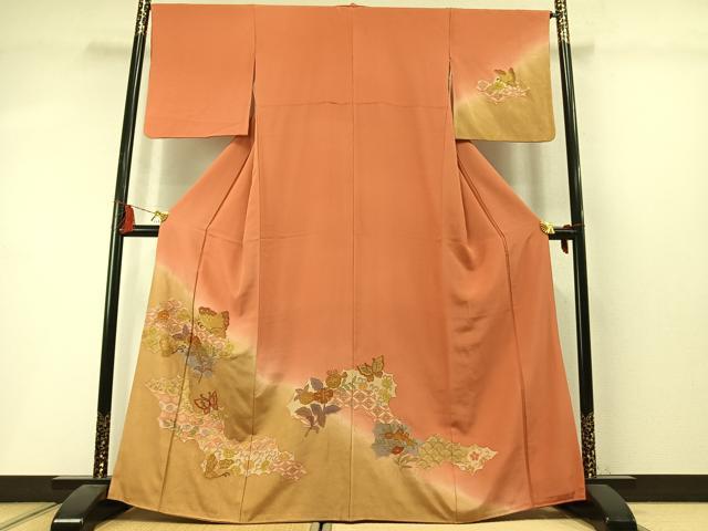 平和屋着物●中国三大刺繍　スワトウ刺繍　汕頭刺繍　総刺繍　訪問着　花蝶文　暈し染め　金糸　金彩　正絹　逸品　AABM3724fy
