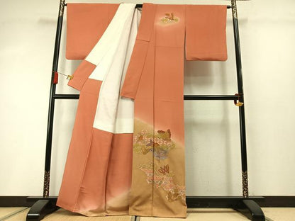 平和屋着物●中国三大刺繍　スワトウ刺繍　汕頭刺繍　総刺繍　訪問着　花蝶文　暈し染め　金糸　金彩　正絹　逸品　AABM3724fy