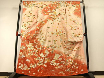 平和屋着物●豪華振袖　駒刺繍　松竹梅　風景花文　暈し染め　金彩　正絹　逸品　AABM3726fy