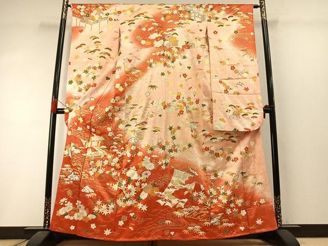 平和屋着物●豪華振袖　駒刺繍　松竹梅　風景花文　暈し染め　金彩　正絹　逸品　AABM3726fy