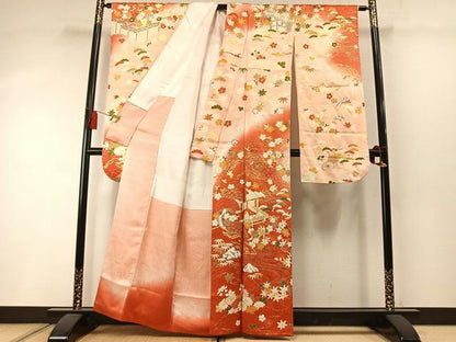 平和屋着物●豪華振袖　駒刺繍　松竹梅　風景花文　暈し染め　金彩　正絹　逸品　AABM3726fy