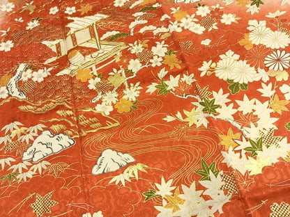 平和屋着物●豪華振袖　駒刺繍　松竹梅　風景花文　暈し染め　金彩　正絹　逸品　AABM3726fy