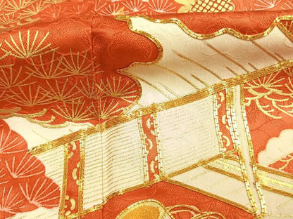 平和屋着物●豪華振袖　駒刺繍　松竹梅　風景花文　暈し染め　金彩　正絹　逸品　AABM3726fy