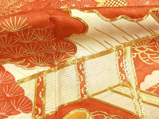 平和屋着物●豪華振袖　駒刺繍　松竹梅　風景花文　暈し染め　金彩　正絹　逸品　AABM3726fy