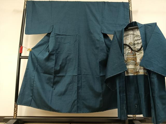 平和屋着物●男性　紬　アンサンブル　色無地　藍色　正絹　逸品　AABM3732fy