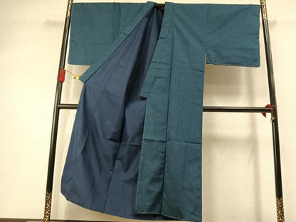 平和屋着物●男性　紬　アンサンブル　色無地　藍色　正絹　逸品　AABM3732fy