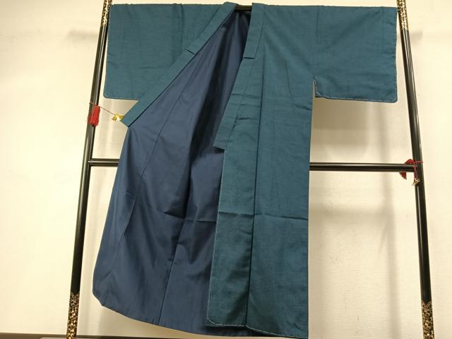 平和屋着物●男性　紬　アンサンブル　色無地　藍色　正絹　逸品　AABM3732fy