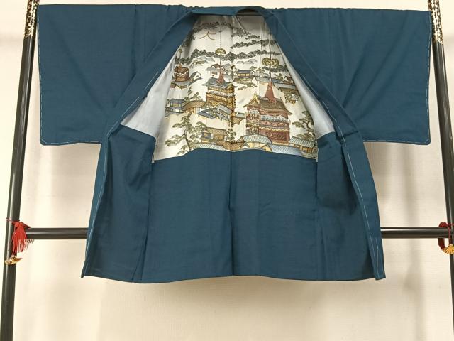 平和屋着物●男性　紬　アンサンブル　色無地　藍色　正絹　逸品　AABM3732fy