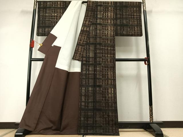 平和屋着物●上質な紬　絞り　格子　正絹　逸品　AABM3733fy