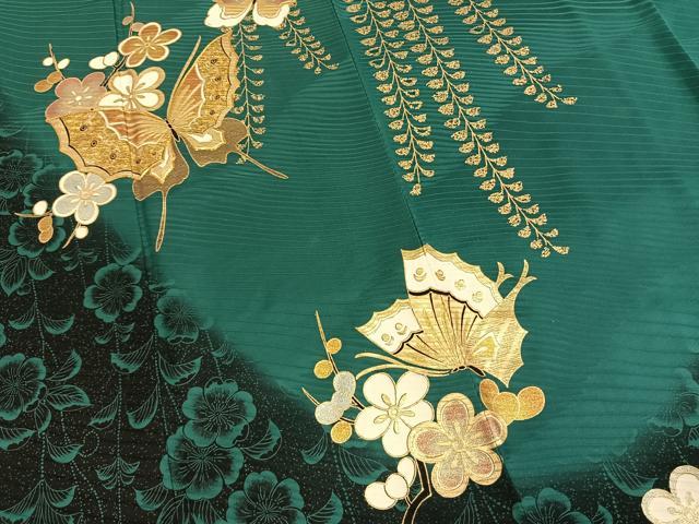 平和屋着物●豪華振袖　駒刺繍　舞蝶枝梅文　暈し染め　金銀彩　正絹　逸品　AABM3743fy