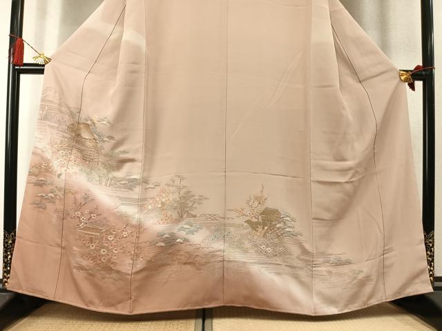 平和屋着物●中国三大刺繍　スワトウ刺繍　汕頭刺繍　総刺繍　駒刺繍　訪問着　松竹梅　風景文　暈し染め　正絹　逸品　AABM3745fy