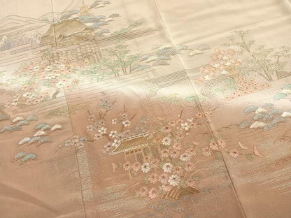 平和屋着物●中国三大刺繍　スワトウ刺繍　汕頭刺繍　総刺繍　駒刺繍　訪問着　松竹梅　風景文　暈し染め　正絹　逸品　AABM3745fy
