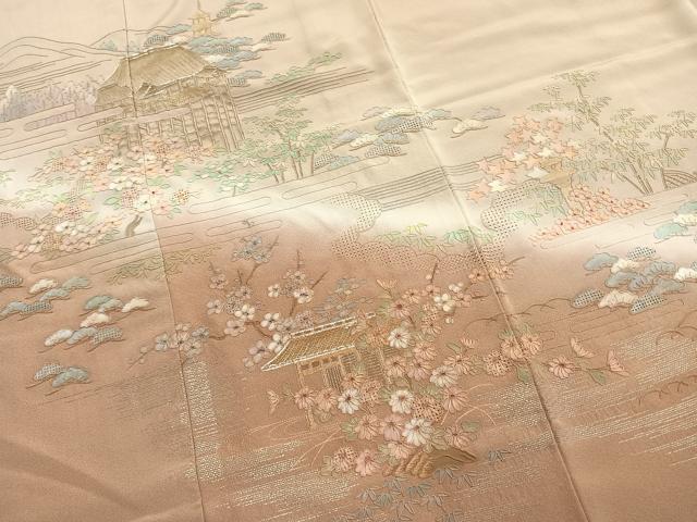 平和屋着物●中国三大刺繍　スワトウ刺繍　汕頭刺繍　総刺繍　駒刺繍　訪問着　松竹梅　風景文　暈し染め　正絹　逸品　AABM3745fy