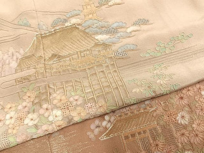平和屋着物●中国三大刺繍　スワトウ刺繍　汕頭刺繍　総刺繍　駒刺繍　訪問着　松竹梅　風景文　暈し染め　正絹　逸品　AABM3745fy