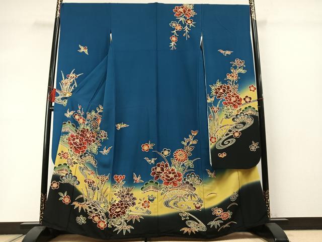 平和屋着物●豪華振袖　型染め　松竹梅　花鳥文　暈し染め　正絹　逸品　AABM3753fy