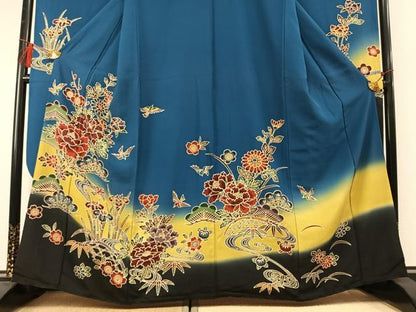 平和屋着物●豪華振袖　型染め　松竹梅　花鳥文　暈し染め　正絹　逸品　AABM3753fy