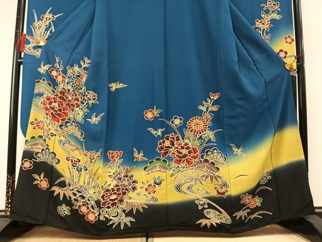 平和屋着物●豪華振袖　型染め　松竹梅　花鳥文　暈し染め　正絹　逸品　AABM3753fy